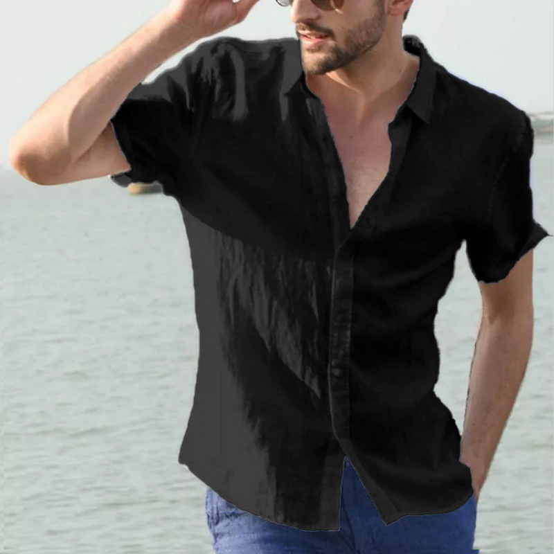 Men's Foreign Trade Summer New Cross-border Men's Solid Color Casual Short-sleeved Lapel Single-breasted Cardigan Shirt for Men