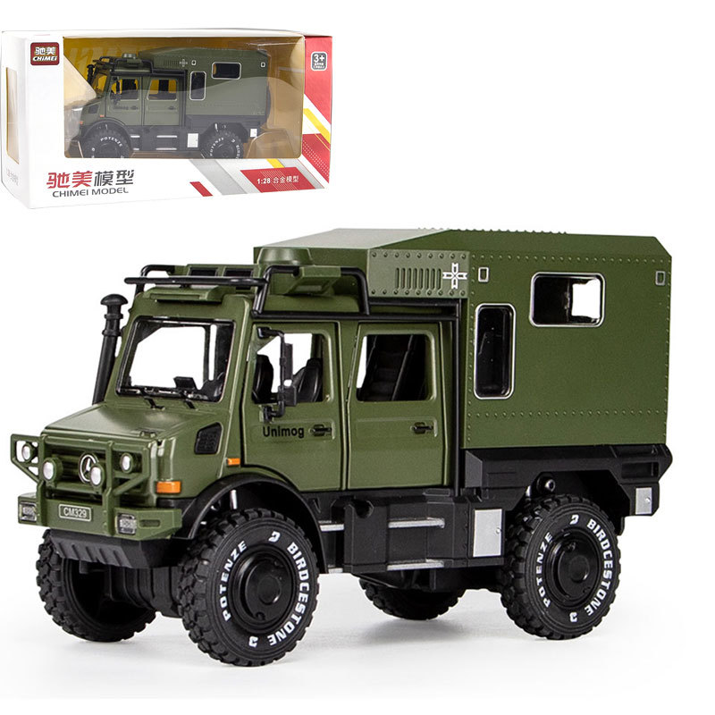 [盒裝]馳美1:28烏尼莫克房車玩具合金聲光回力仿真越野車模型C329