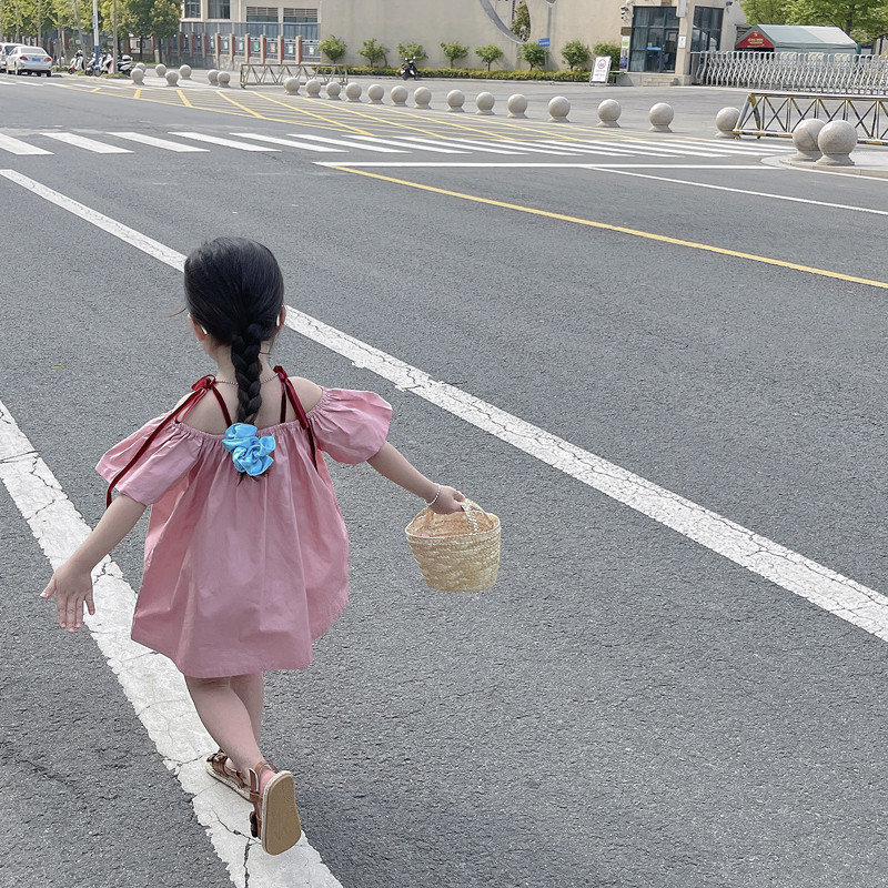 韩国童装女童夏季甜美粉色拼接爱心露肩系带短袖公主裙短款连衣裙