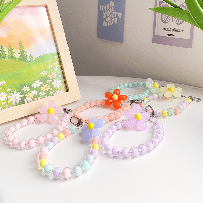 New Ins Style Handmade Beaded Macaron Beads in Beads Flower Mobile Phone Lanyard Keychain Wrist Rope Trendy Style