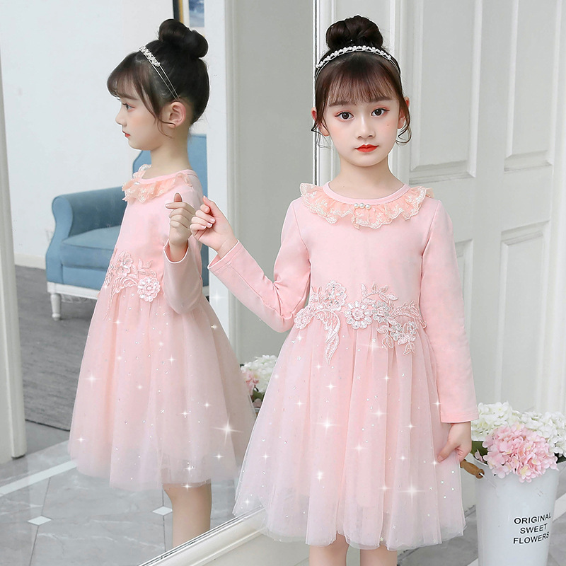 Children's New Girls' Dress Spring 2023 Girl's Western Style Lace Pearl Princess Dress Sweet Sequin Mesh Dress