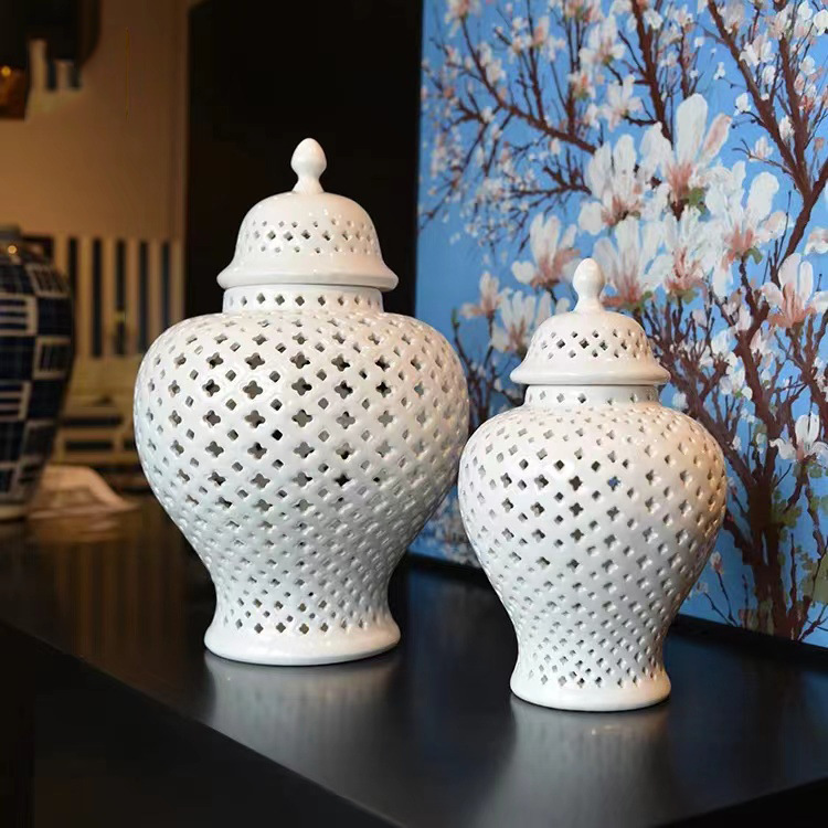 Classical Light Luxury Ceramic Carved Hollow General Jar Home Decoration Living Room Office Decoration Storage Crafts