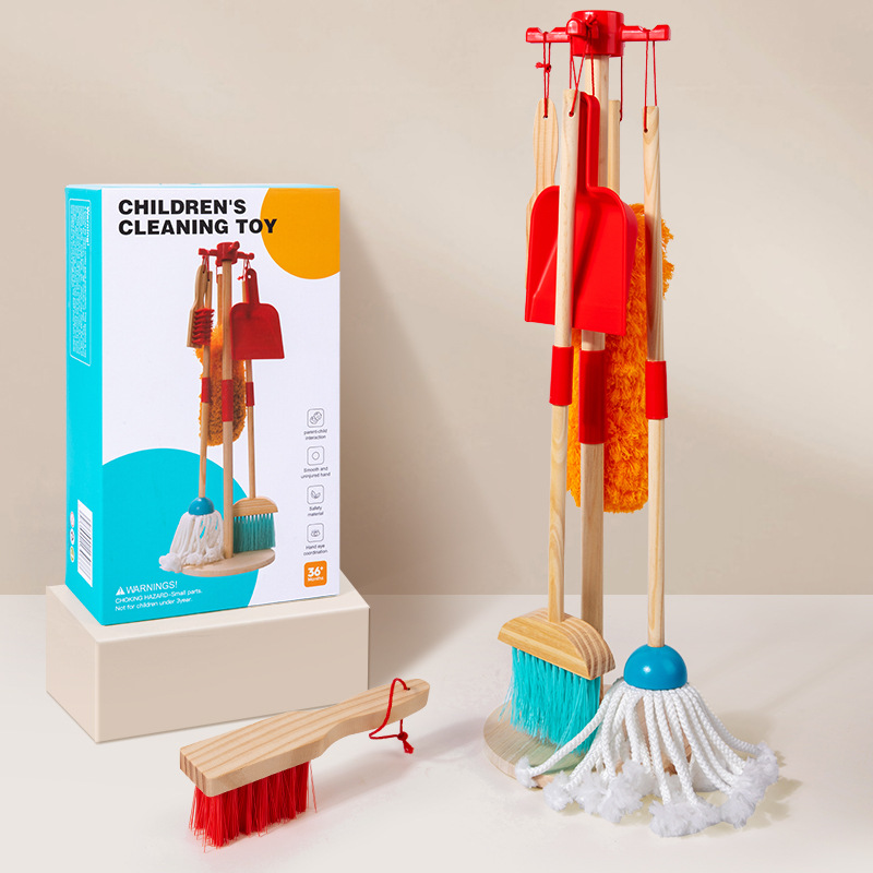 Children's Play House Simulation Cleaning Set Early Education Wooden Broom Sweeping and Mopping Cleaning Tools Toys