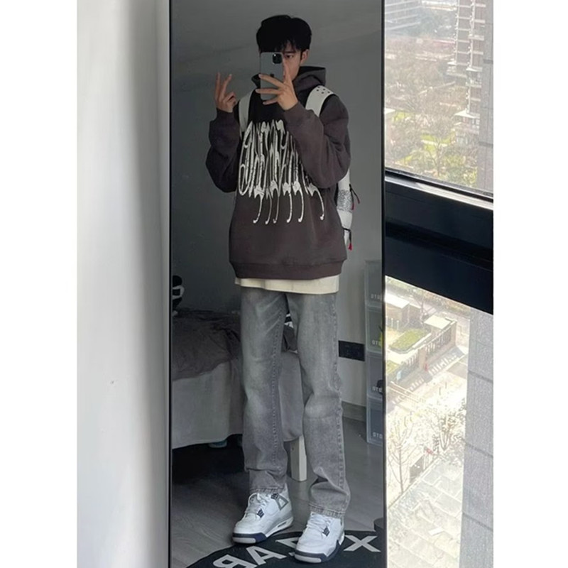 美式復古煙灰色牛仔褲男春秋款直筒vibe褲子高街潮牌彈力休閒長褲