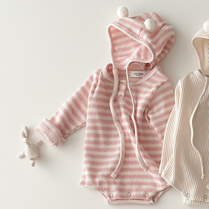 New Spring Korean Version Infant and Toddler Pit Stripe Cotton College Style Onesie Long Sleeve Striped Climbing Suit with Cap for Boys and Girls 