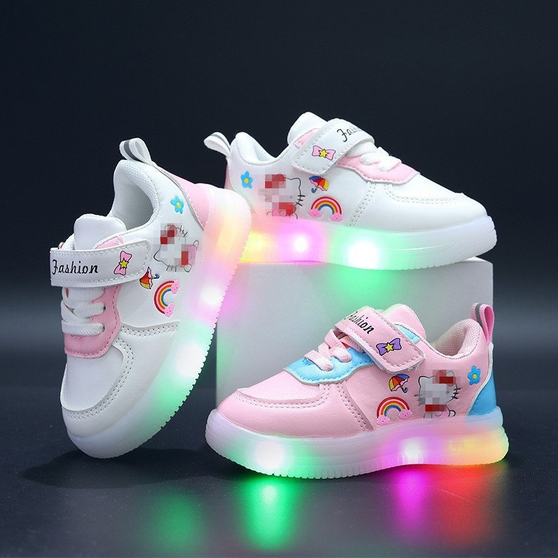 Light-on girls' shoes princess shoes leather sneakers children girls' spring and autumn sneaker white shoes casual shoes