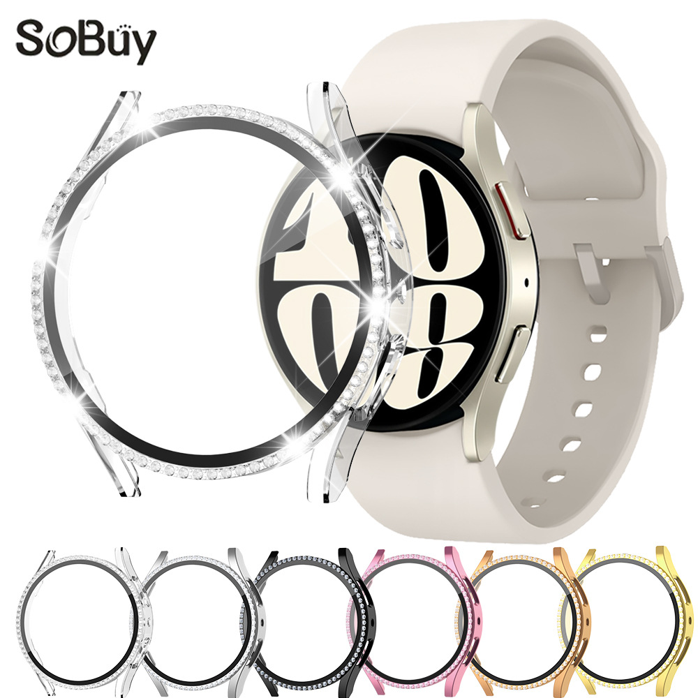 For Samsung Watch diamond-encrusted one-piece case Galaxy Watch 6 40/44mm PC protective cover + tempered film