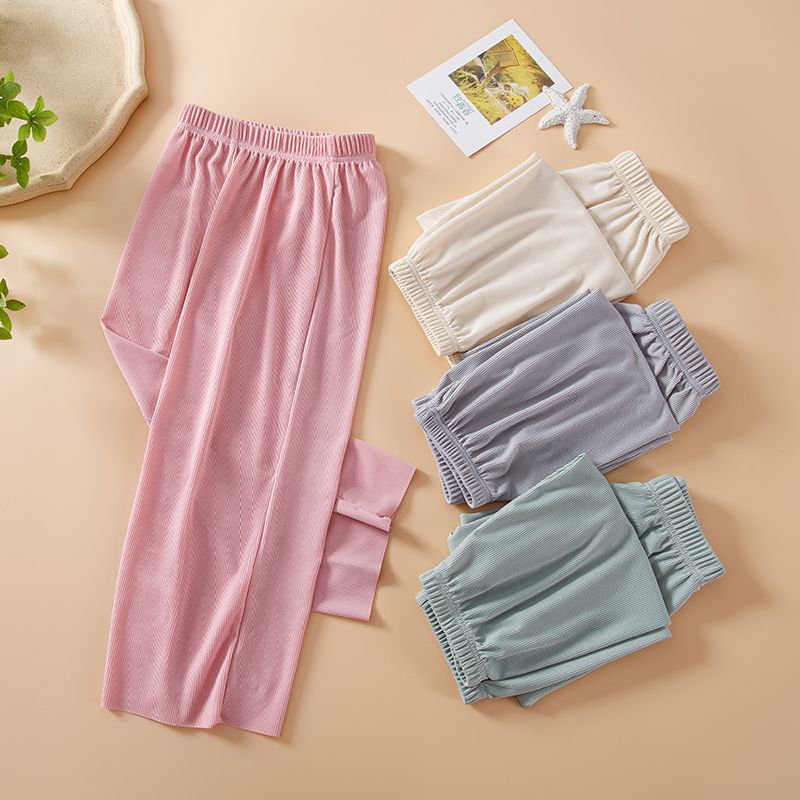 2024 Summer Children's thin straight wide-leg shaking pants candy color loose elastic ice silk ankle-tied home pajama pants