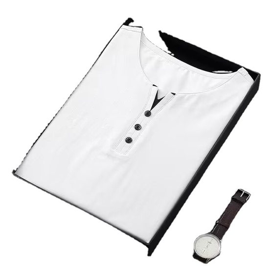 Trendy V-neck Men's Artistic Simple Fashion Trendy Brand Solid Color Short-sleeved T-shirt Youth Popular Summer City Style Standard