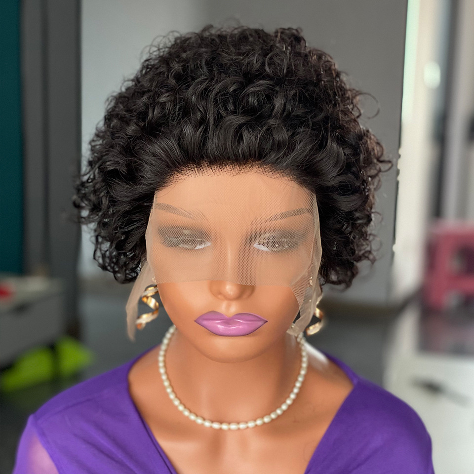Krøllete pixie cut blondeparykk med ekte hår, Xuchang blondeparykk, kort hodeplagg_voghion.com
