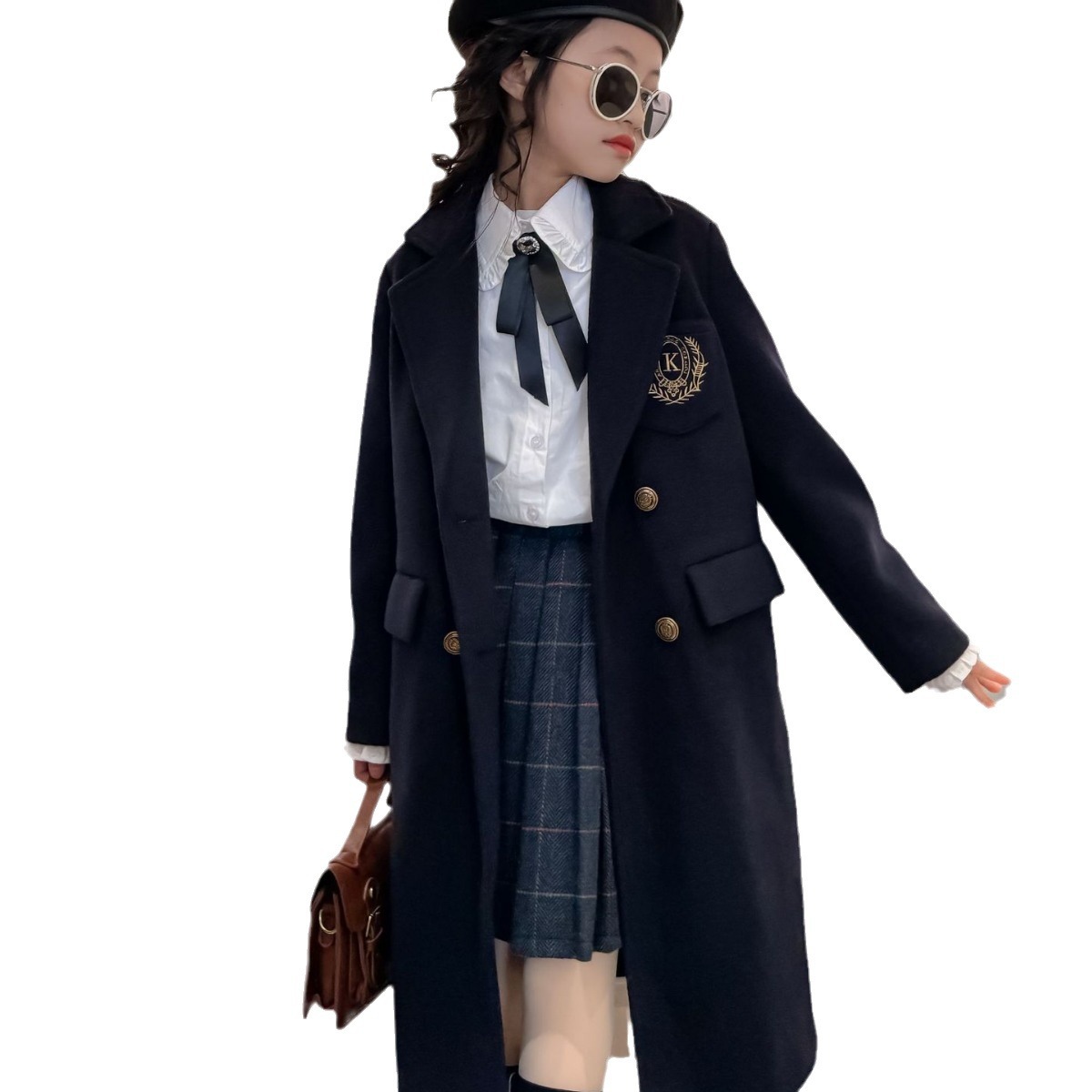 2024 spring new girls' medium and large children's mid-length woolen coat embroidered gold standard British preppy style cotton-padded