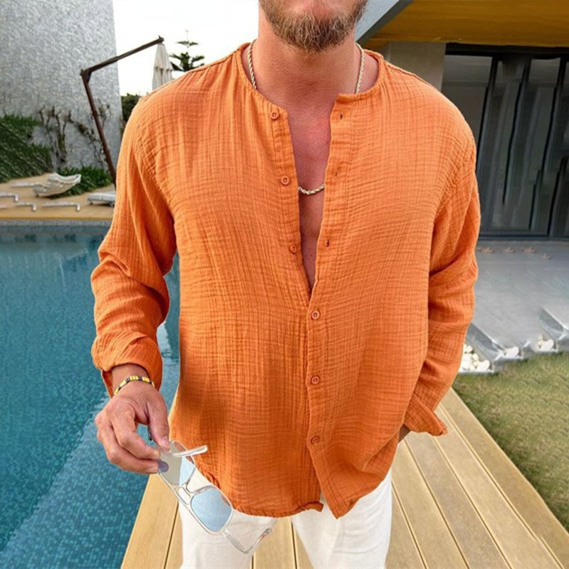 Europe and the United States cross-border 2023 Spring and Autumn new double wrinkled men's loose casual wrinkled long sleeve shirt collar shirt