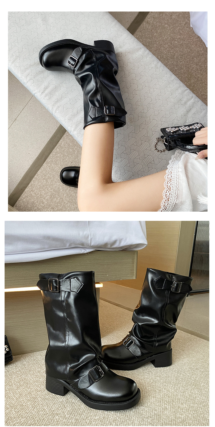 Stivali con fibbia a cintura e plissettati in pile per donna 2023 nuovi stivali retrò con tacco spesso e plateau a metà polpaccio stivali da sigaretta alla moda di strada_voghion.com
