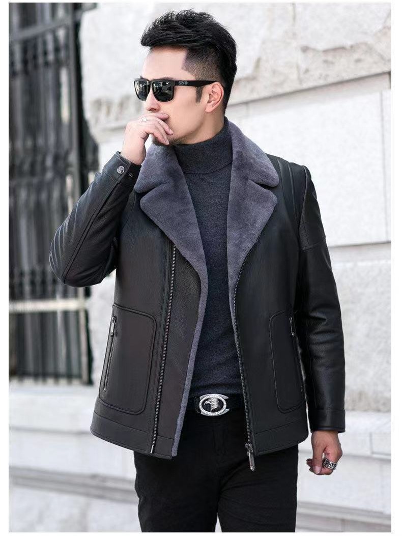 2023 Winter Haining fur integrated leather coat men's handsome slim fit short suit collar jacket fur casual jacket