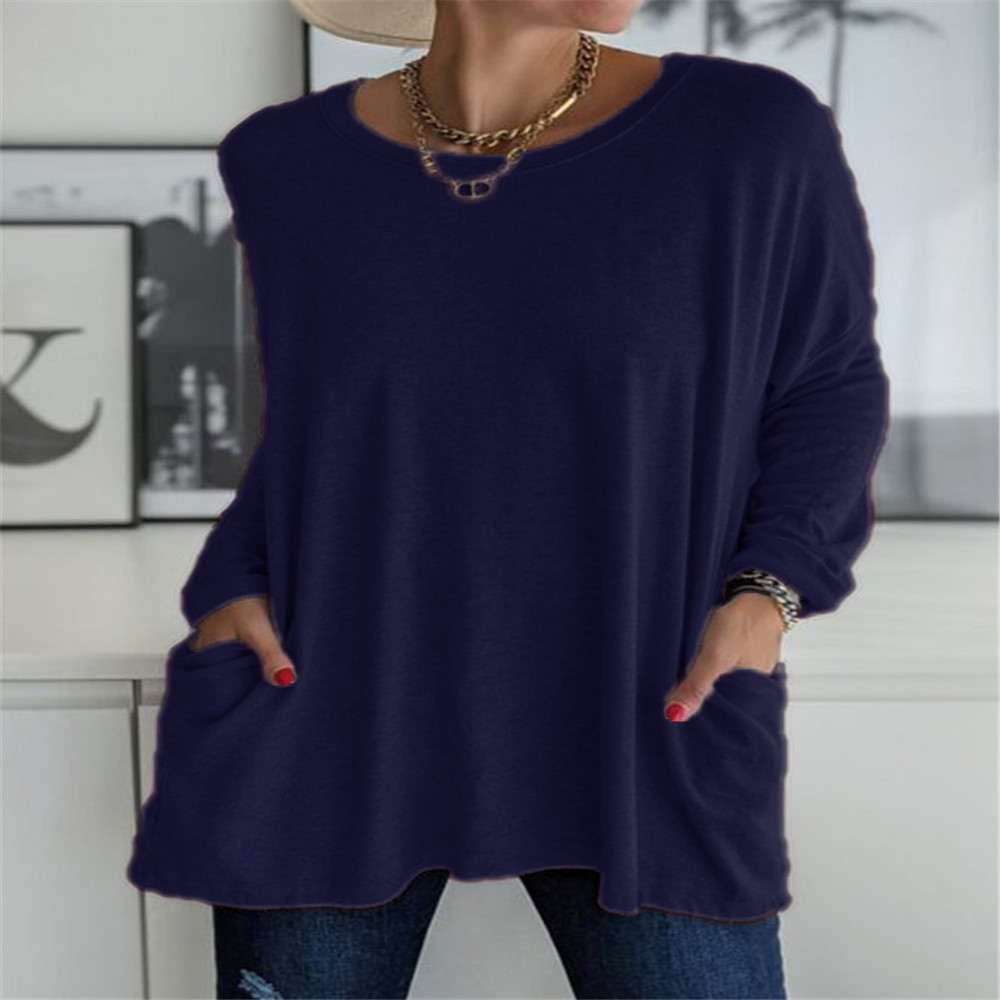 Ebay Amazon wish spring and summer new European and American crew neck long sleeve loose pocket solid color T-shirt casual women's clothing