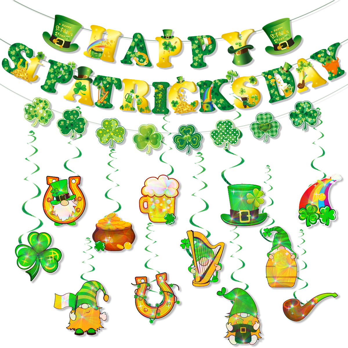 聖帕特里克派對裝飾 愛爾蘭節拉旗螺旋吊飾St. Patrick's Day掛飾