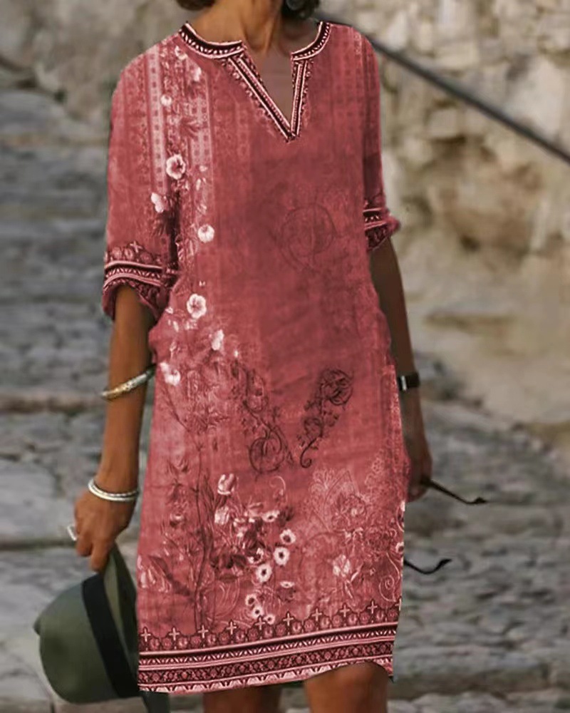 2023 European and American Spring and Summer New Women's Cross-border European and American Casual Ethnic Retro Mid-length V-neck Short-sleeved Dress