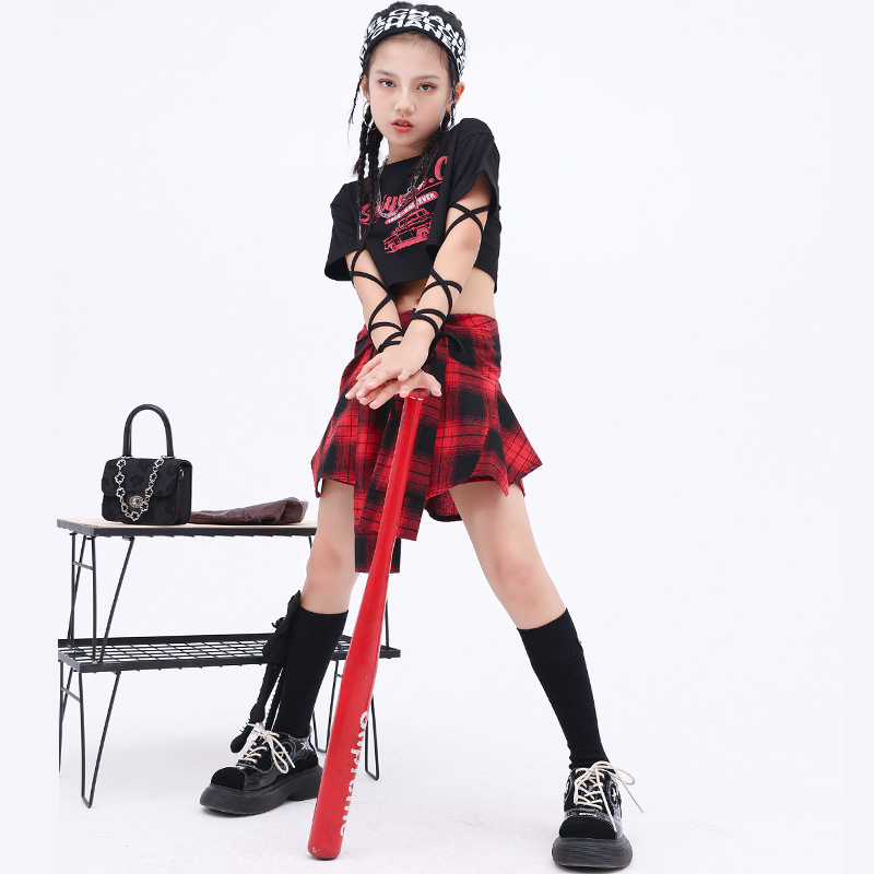 兒童爵士舞演出服裝女童潮服模特走秀表演服套裝少兒格子裙舞蹈服
