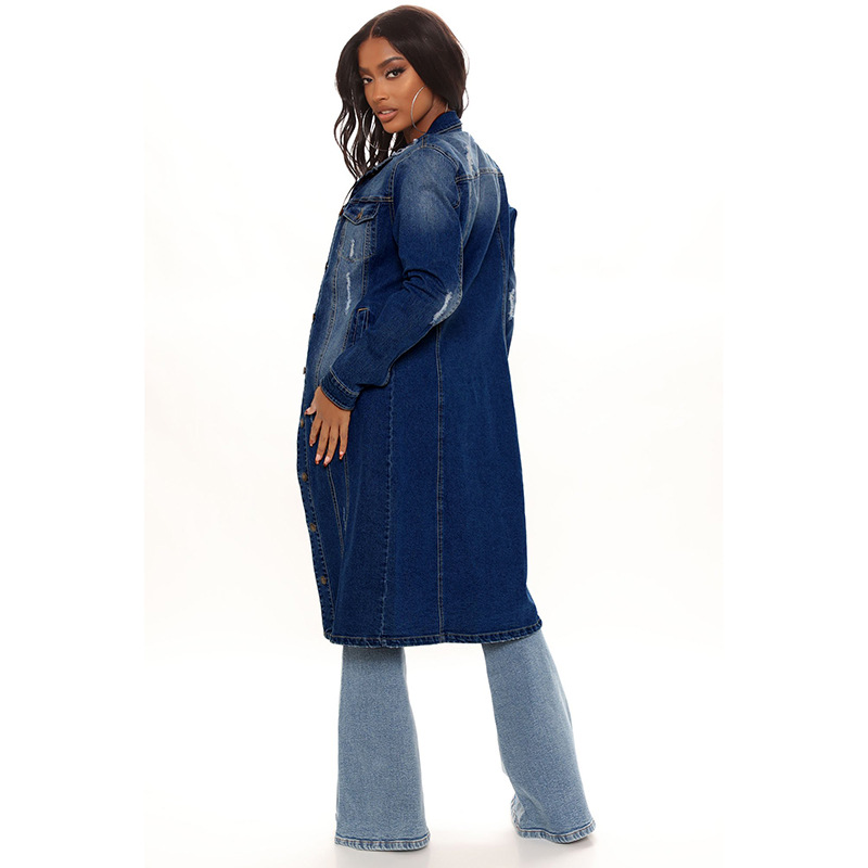 Cross-border European and American style Denim coat for women 2024 hot sale New dark washed worn retro slim-fit long trench coat