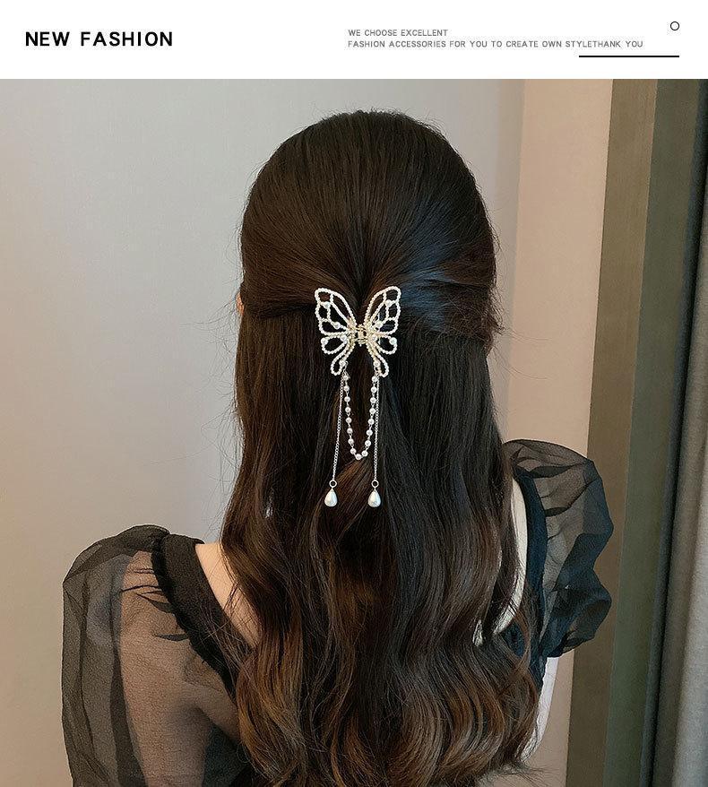 Korean style new Pearl butterfly tassel clip female light luxury back Head Small size hairpin elegant temperament shark clip net_voghion.com