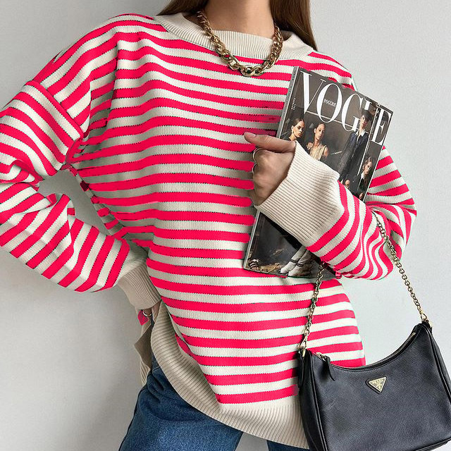 Cross-border Sweater Women's European and American Casual Stripe Contrast Color Loose Long-sleeved Crewneck Sweater Pullover Woolen Top Autumn and Winter