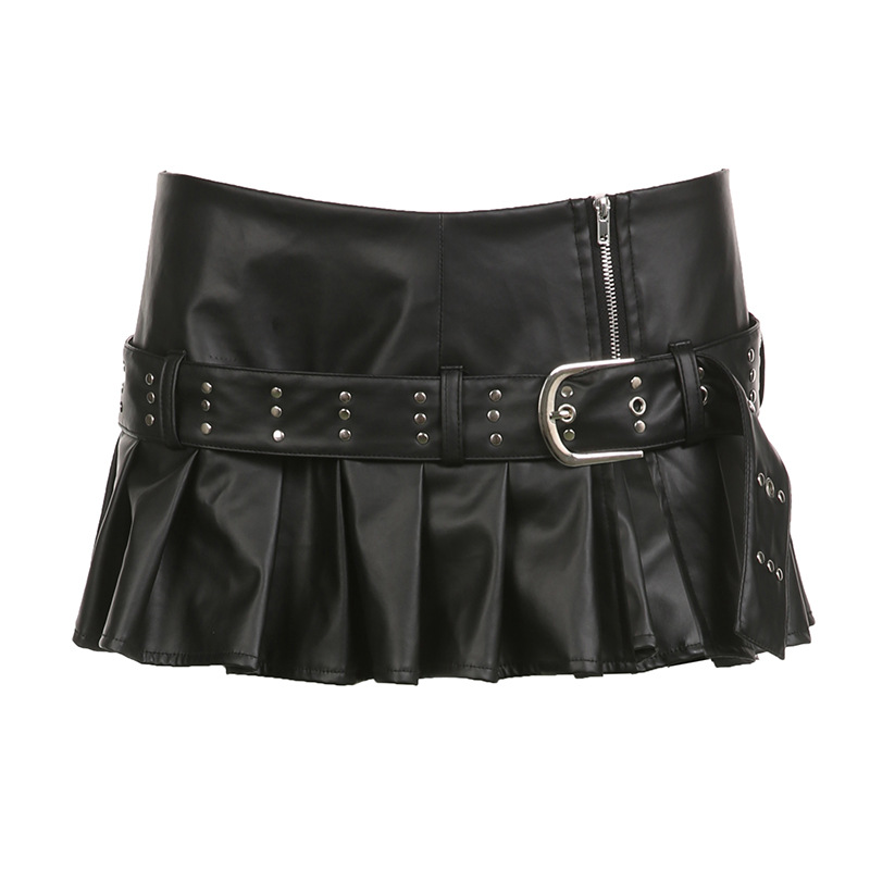 European and American Punk Spice Girl Rivet Belt Split Leather Skirt 2023 Fashion Street Sexy Low Waist A- Line Pleated Skirt