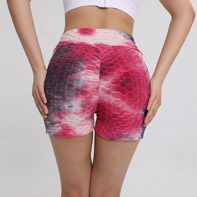 Fitness Shorts Women's European and American Tie-Dye Bubble Jacquard High Waist Hip Lifting Sports Bottoming Women's Pocket Yoga Shorts