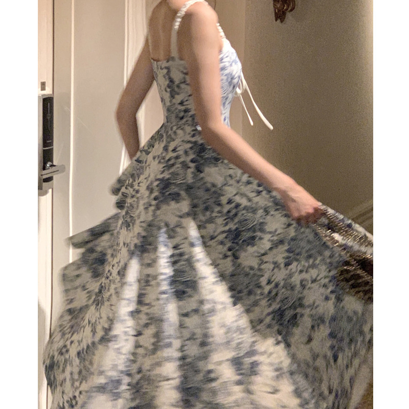 DIANRUO Blue and White Porcelain Two-color Large Swing Dress Chinese Style Waistband Gentle Long Dress for Summer