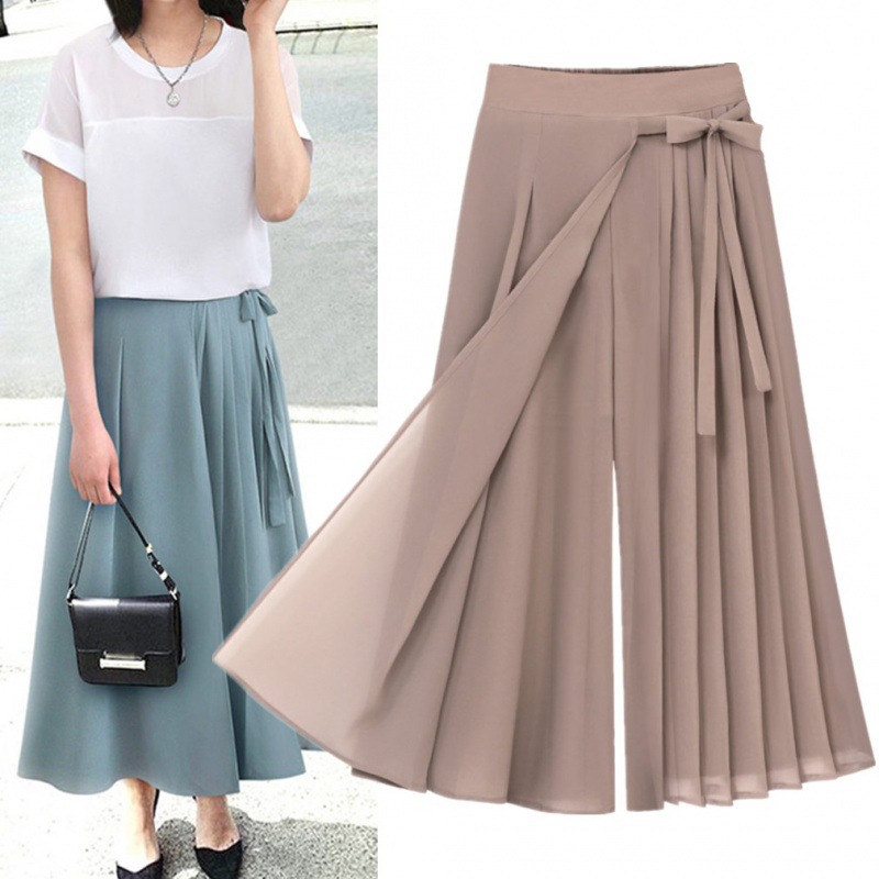 2023 Foreign Trade Spring and Summer New Korean Style Pleated Chiffon Trousers Large Size Elasticated Waist Casual Pants Skirt