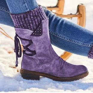 Independent Station Medium and Low Barrel Foreign Trade Large Size Martin Boots Women's Autumn and Winter New Square Heel Rear Strap European and American Wool Women's Boots