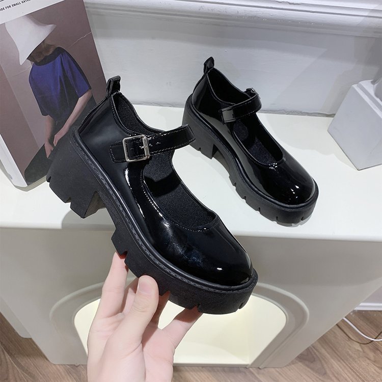 Small Leather Shoes Women's 2022 Spring New British Academy Style Bright Leather High Heel Shoes Round Toe Thick Bottom Mary Jane Shoes Women