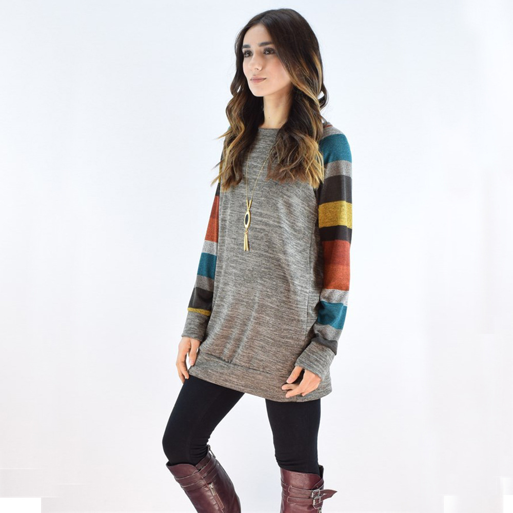 2023 Spring and Autumn wish Hot Sale Large Size Women's Clothing Color-matching Raglan Long-sleeve Casual Sweater Striped Printed Round Neck T-shirt