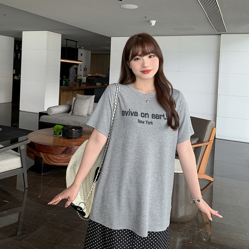 Silver Shine Loose Large-size Round Neck T-shirt Women's plus size chubby girl Letter Printed Shoulder Short-sleeved Top 63291