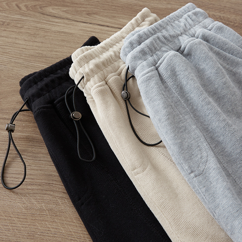 Spring and Summer New Plush Heavy Black Grey Adjustable Drawstring Pencil Pants Solid Color Pocket Loose Sweatpants for Men
