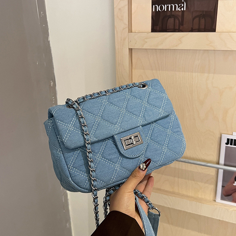 2023 Korean Style New Women's Bag Popular Fashion Simple Denim Shoulder Bag Classic Embroidery Rhomboid Chain Crossbody Bag