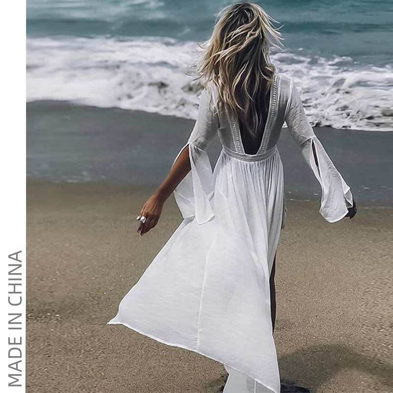 Bikini Blouse Slub Trumpet Sleeve Lace Loose Beach Blouse, Holiday Beach Dress
