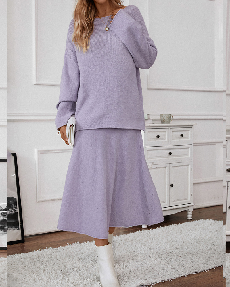 2024 autumn and winter New European and American style elegant knitted suit women's off-shoulder sweater top elastic waist fishtail skirt_voghion.com