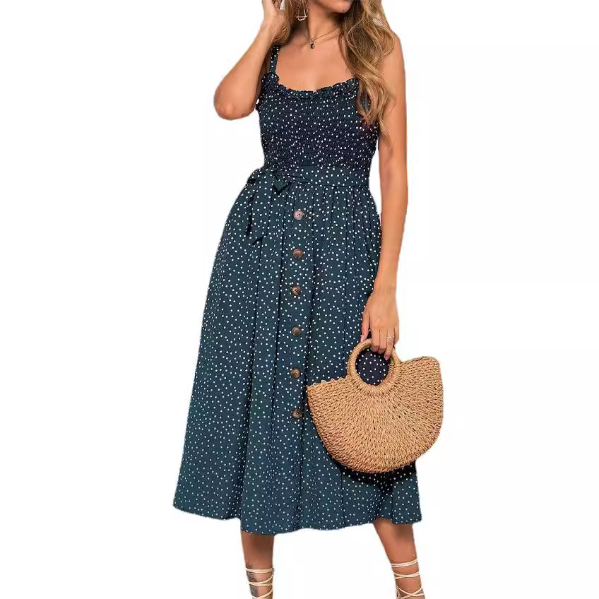 ebay Explosions Cross-border Hot Women's Amazon New Sling Ruffled Polka Dot Printed Dress