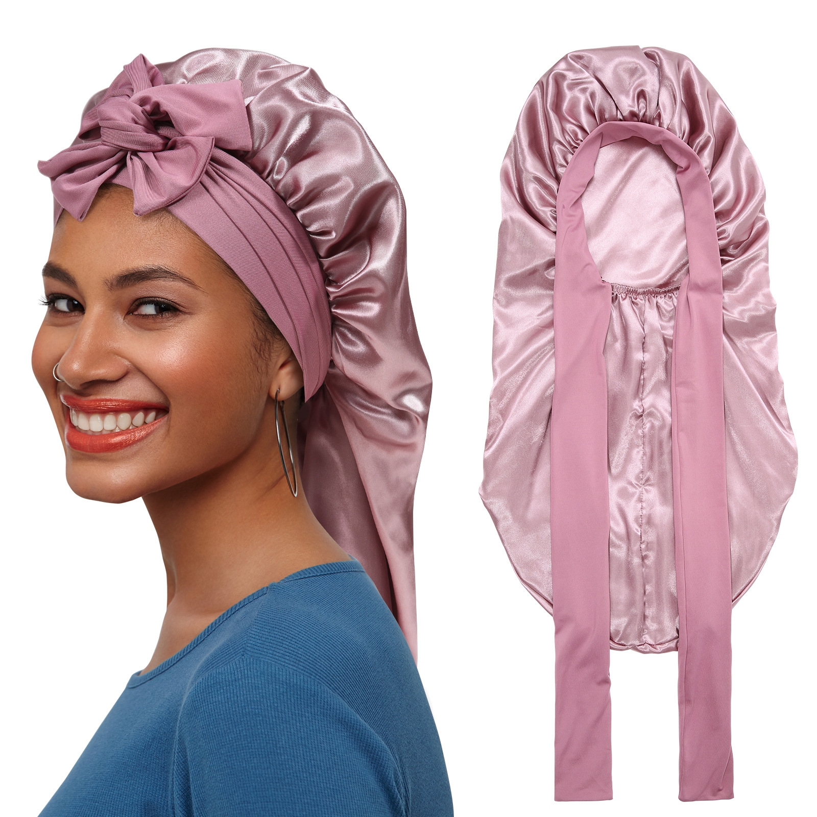 Women's solid color satin long nightcap beauty makeup cap headscarf cap elastic bandage elastic nightcap wide-brimmed shower cap