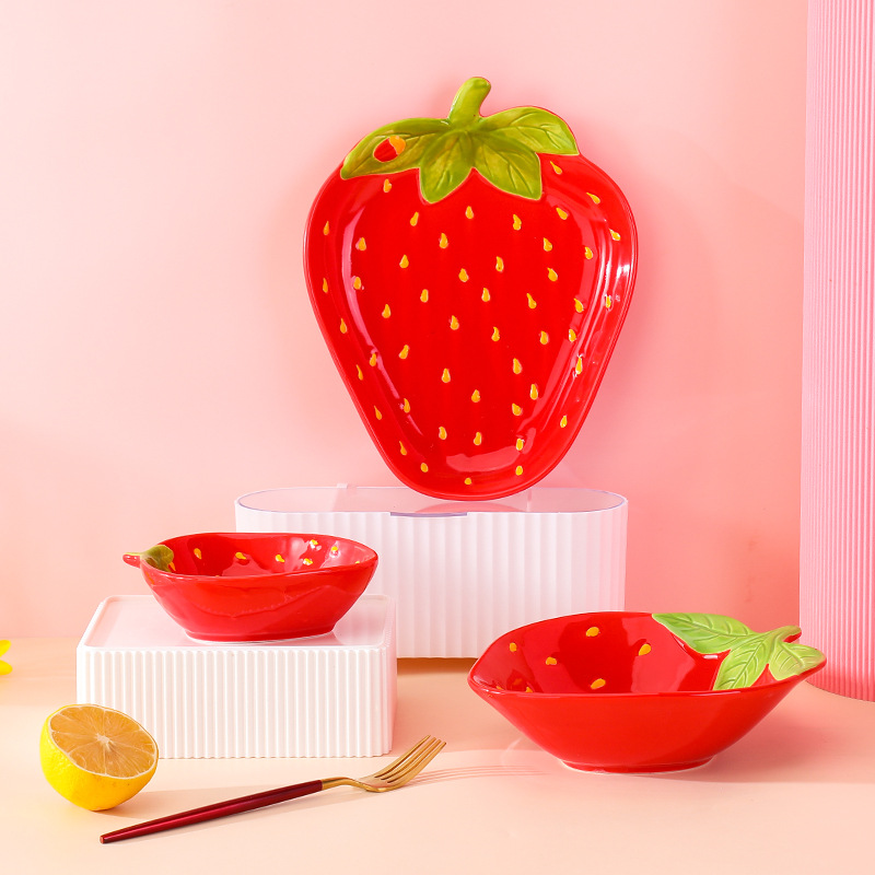 Creative ceramic strawberry bowl plate tableware cute high-looking cartoon dessert salad bowl snack plate fruit plate