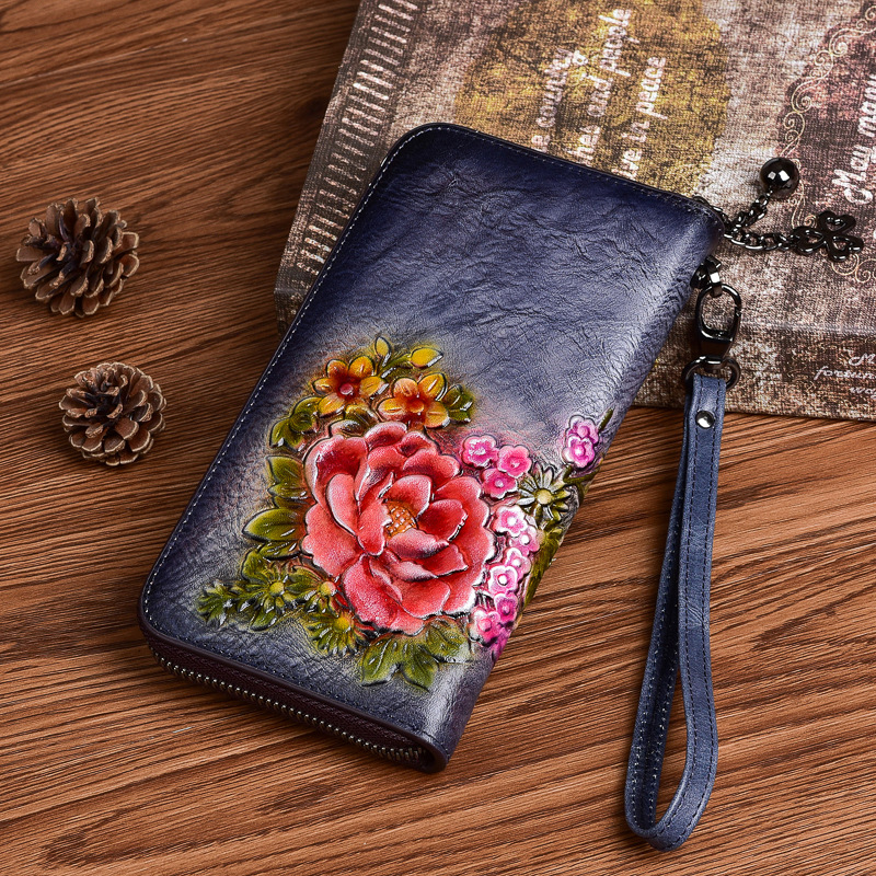Live Daifa New Style Retro Chinese Style Wallet Top Layer Cowhide Small Handbag Multi-Card Long Zipper Clutch