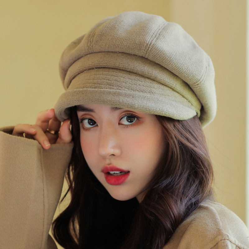 Fashionable Autumn and Winter Warm Roll-up Octagonal Cap Women's Fashionable Japanese-style Newsboy Cap Solid Color Curled Beret Winter Hat