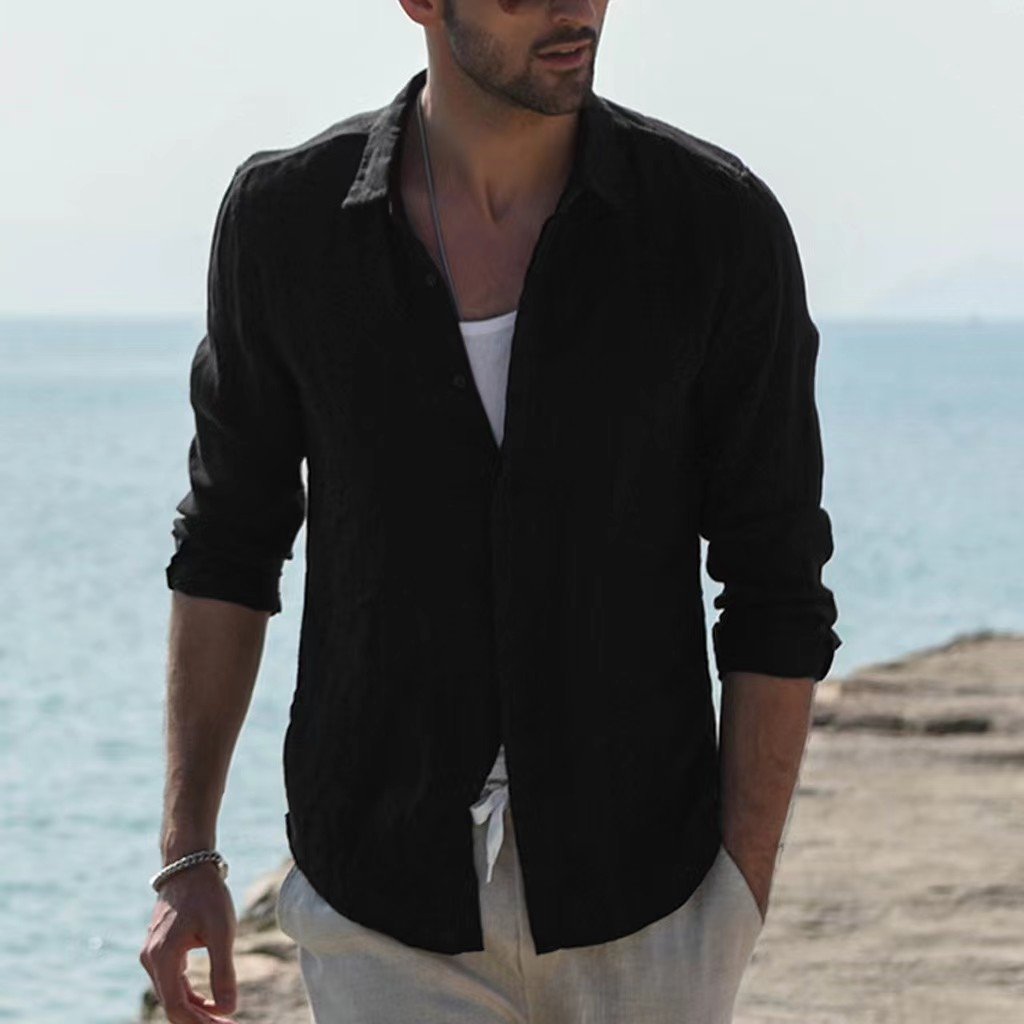 2023 foreign trade Amazon Europe and America pure cotton solid color long sleeve shirt men's youth casual cardigan shirt coat men