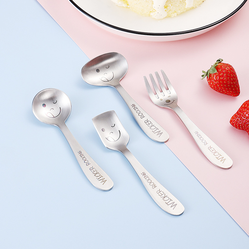 304 stainless steel Children's tableware set children's fork spoon thickened oblique handle sanding laser smiley face small spoon