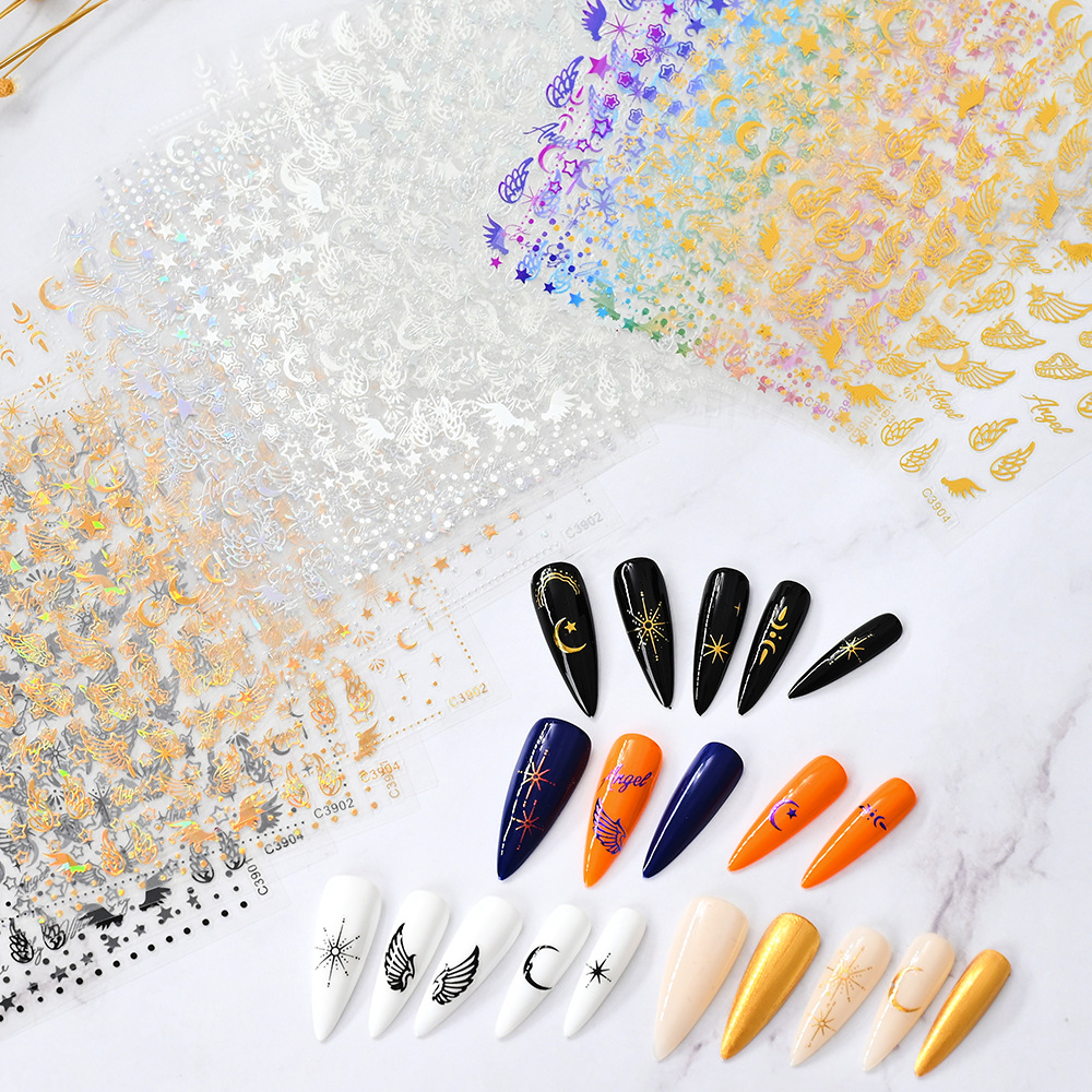 Cross-border Hot-selling Star Moon Nail Art Stickers Star Moon Wings Feather Pattern Adhesive Self-adhesive Nail Decorative Decal