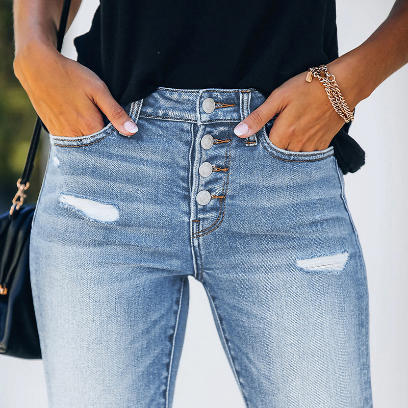 2022 New Cross-border Amazon European and American Denim Slim-fit Ripped High Elastic Women's Denim Pants