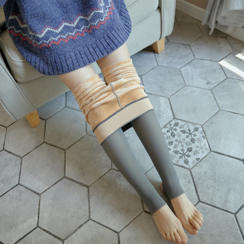 Autumn and Winter New fleece-lined Thickened Skin-transparent Leggings Women's plus size Stewardess Grey Fake Meat Warm Outer Wear Cross-border Integrated
