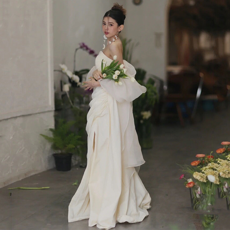 French Strapless Light Wedding Dress 2024 Summer New Mori Satin Welcome Gauze Fishtail Slim Dress Factory Supply
