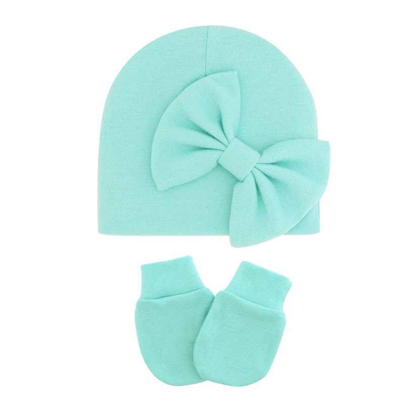 2022 new autumn and winter New Baby bow hat anti-scratch gloves set thick baby fetal cap 0-6 months