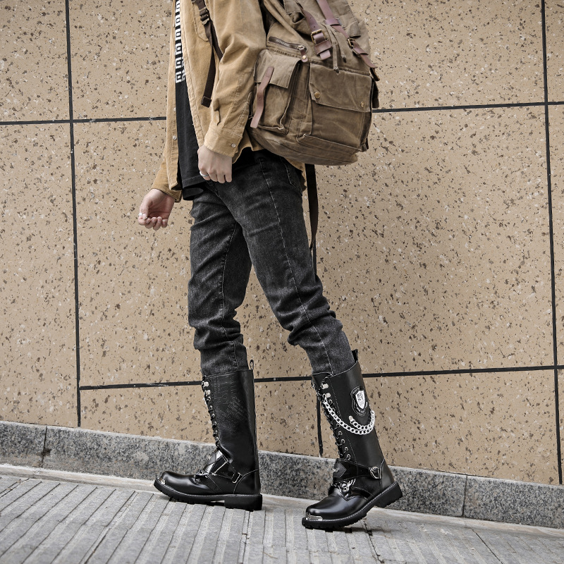 Spring and Autumn Korean Style Inner Height Increasing Martin Boots High-rise Cowboy Motorcycle Men's Boots Long-barreled Punk Stage Performance Leather Boots 911
